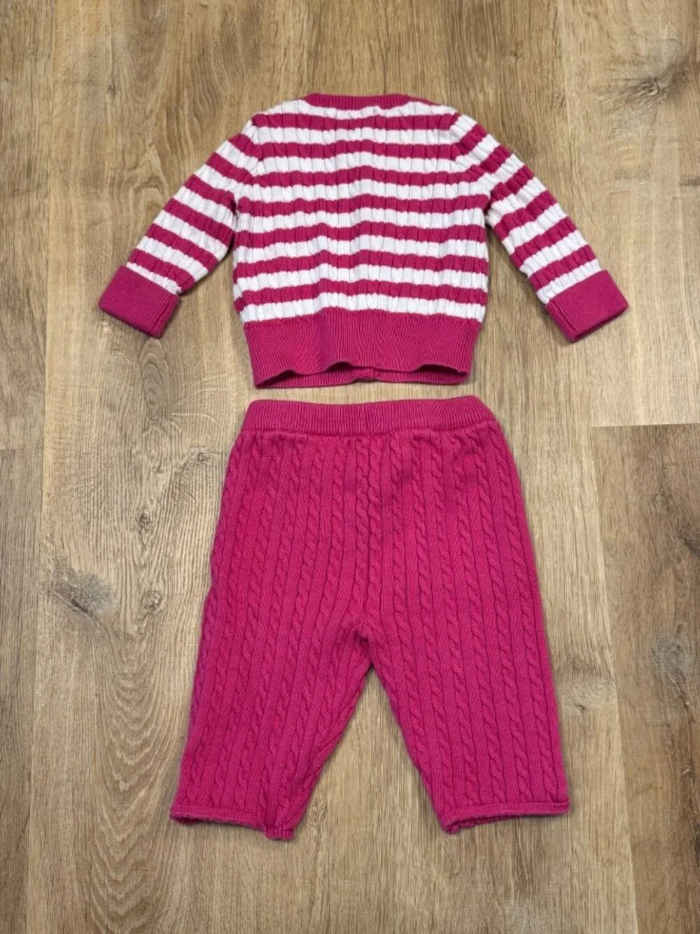 Ralph Lauren Baby Girls Pink & White Cable Knit Cardigan And Pants Set 6M